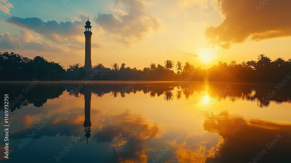 Sunset Over Calm Water with Silhouette of Towering Mosque Sunset Over Calm Water with Silhouette of Towering Mosque