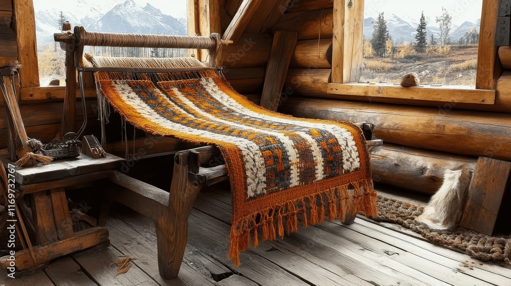 Traditional wooden loom weaving a carpet in a rustic cabin Traditional wooden loom weaving a carpet in a rustic cabin