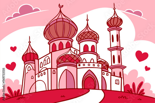 Fairytale Pink Castle Valentine's Illustration:  Intricate Design, Romantic Mood.