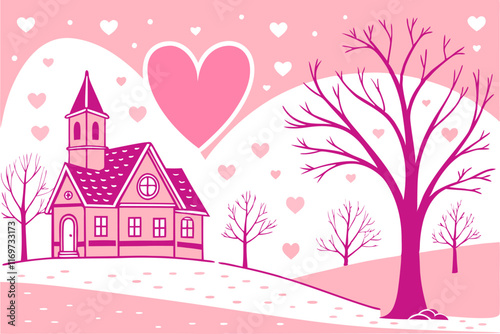 Romantic Pink Chapel Illustration: Valentine's Day Wedding Design.