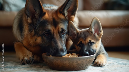 A German Shepherd adult and puppy sharing a meal from the same bowl in a cozy home interior. photo