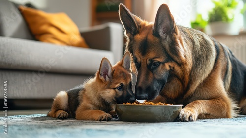 A German Shepherd adult and puppy sharing a meal from the same bowl in a cozy home interior. photo