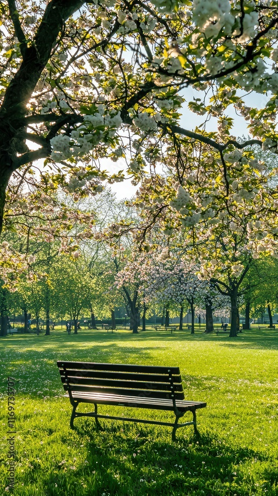 Serene Park Scene with Blossoming Trees and Empty Bench in Sunlight Serene Park Scene with Blossoming Trees and Empty Bench in Sunlight