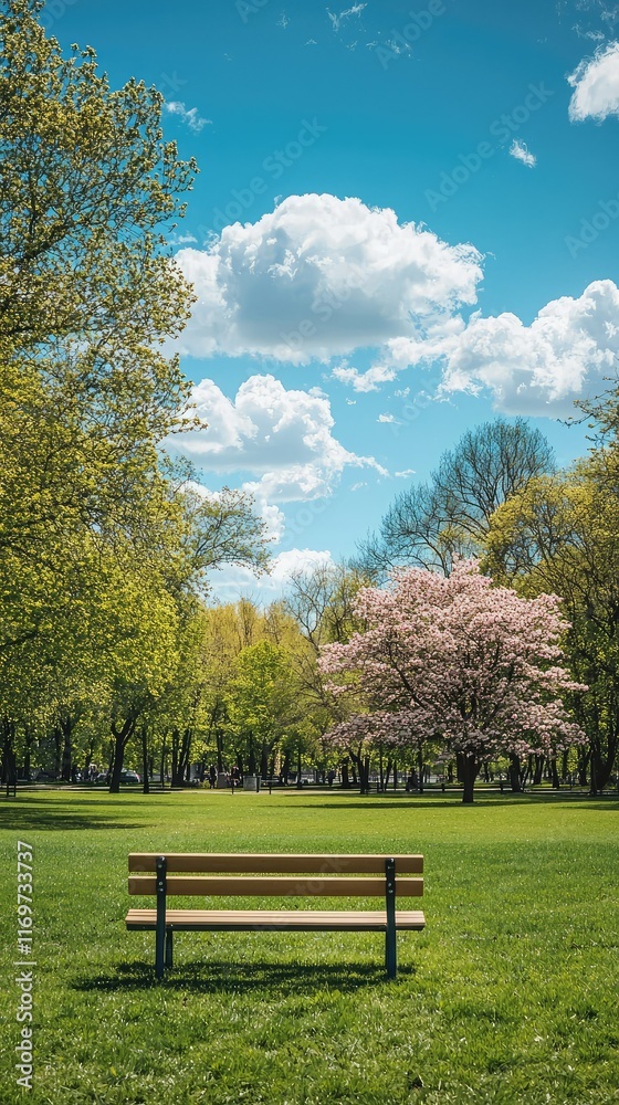 Serene Park Scene with Bench and Blooming Cherry Tree Under Blue Sky Serene Park Scene with Bench and Blooming Cherry Tree Under Blue Sky