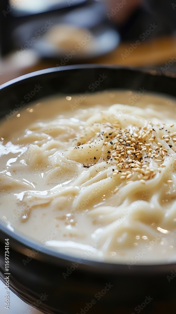 Creamy Noodle Dish with Sesame Seeds in a Dark Bowl Close-up Creamy Noodle Dish with Sesame Seeds in a Dark Bowl Close-up