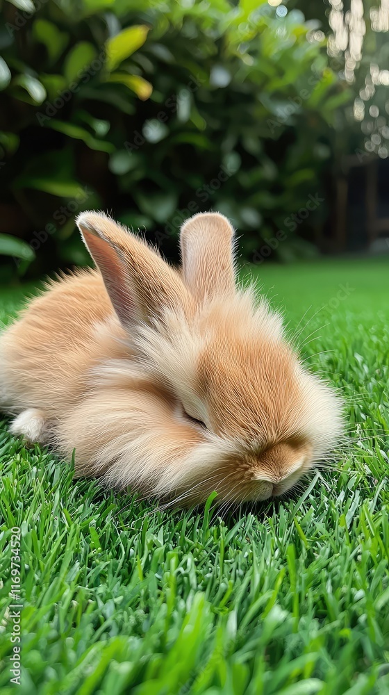 Cute Fluffy Bunny Resting on Green Grass in Natural Setting Cute Fluffy Bunny Resting on Green Grass in Natural Setting