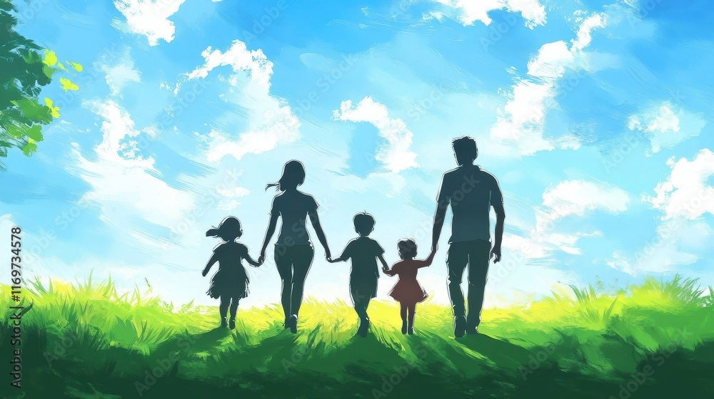 Family Walking in a Meadow Under the Sunlight Family Walking in a Meadow Under the Sunlight