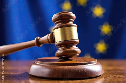 Gavel resting on a sound block with European Union flag in the background photo