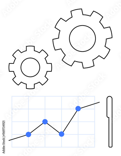 Two interlocking gears above a rising line graph with data points, suggesting progress and efficiency. Ideal for business, strategy, analytics, engineering, teamwork, innovation, abstract line flat