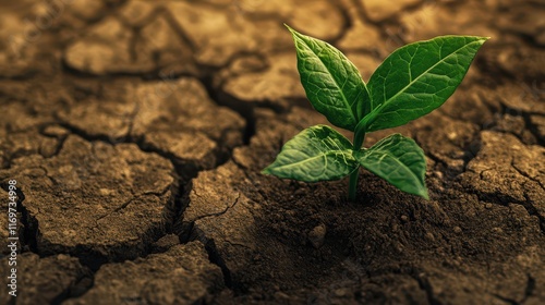 A green plant emerging from dry, cracked earth symbolizes the impact of CO2 absorption on the environment, highlighting the potential for ecological restoration and mitigating climate effects. photo