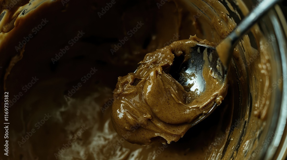 Fototapeta premium Thick Creamy Nut Butter in Glass Jar with Spoon Close-Up View