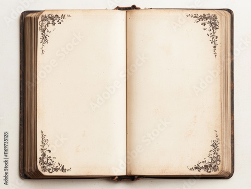 Open antique book with ornate floral corner designs. Blank pages ready for your story. Vintage, aged, and elegant.