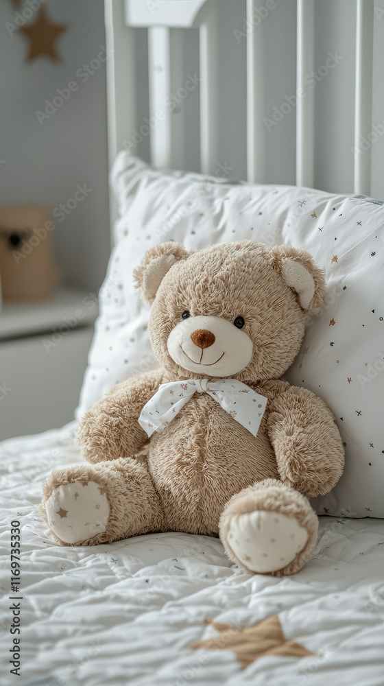 Fototapeta premium Soft teddy bear sitting on a cozy bed with star-patterned bedding