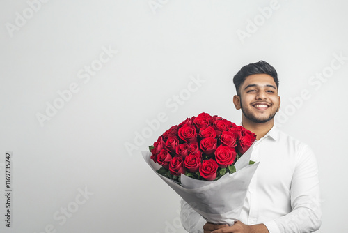 Asian or Turkish young man with roses for romantic celebration, Family holidays, Mothers Day. Celebratory moments with roses for mother's day and birthday festivities