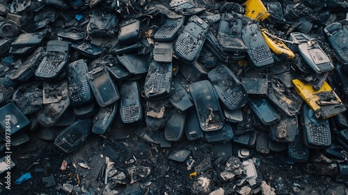 Pile of discarded, damaged, and dirty electronic devices in a landfill. photo