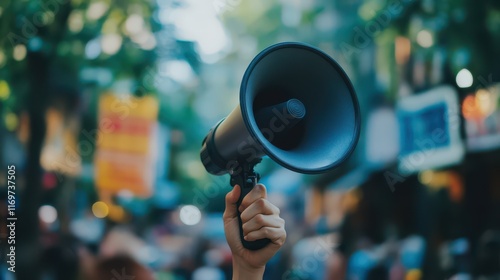 A hand holding a loudspeaker megaphone, ready to project sound and capture attention, emphasizing communication and broadcasting. photo