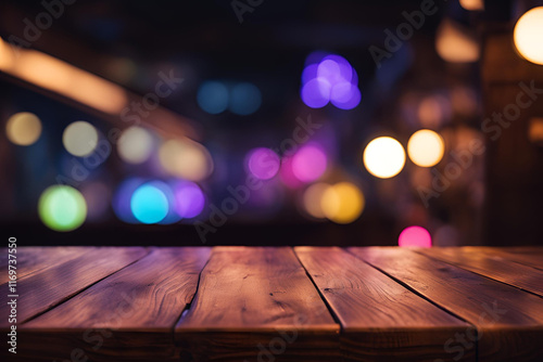 Generate a captivating image of a close-up shot of a wooden table. The background should be a blurred bokeh effect with vibrant neon lights, creating a dark and atmospheric interior setting. The overa