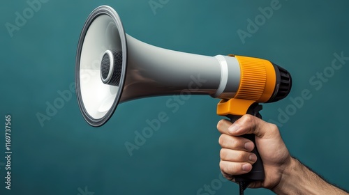 A hand holding a loudspeaker megaphone, ready to project sound and capture attention, emphasizing communication and broadcasting. photo