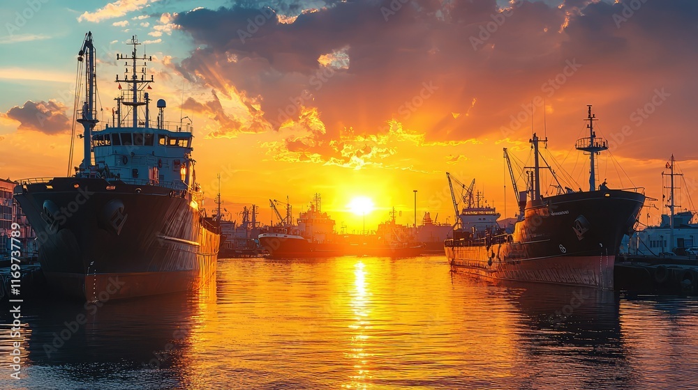 Fototapeta premium Sunset Over Busy Harbor with Boats and Reflections in Water