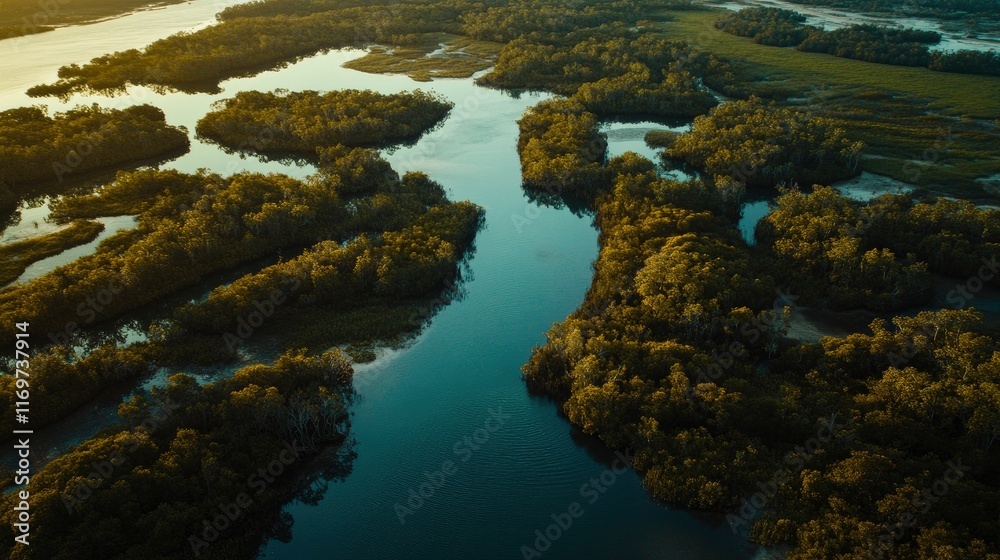 A top-down view of an island with mangrove forests and river, taken by the drone camera. The blue water flows through green marshlands, creating natural landscapes that showcase nature's beauty. A top-down view of an island with mangrove forests and river, taken by the drone camera. The blue water flows through green marshlands, creating natural landscapes that showcase nature's beauty.