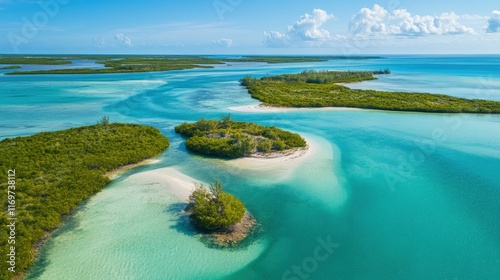A top-down view of an island with mangrove forests and river, taken by the drone camera. The blue water flows through green marshlands, creating natural landscapes that showcase nature's beauty. 