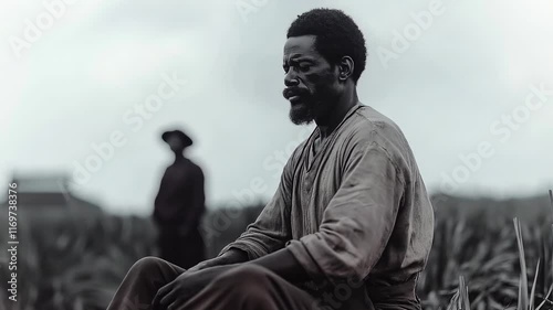 The emotional struggle of an African slave on a plantation in America. The scene emphasizes themes of oppression and resilience during a critical period in history. Black History Month