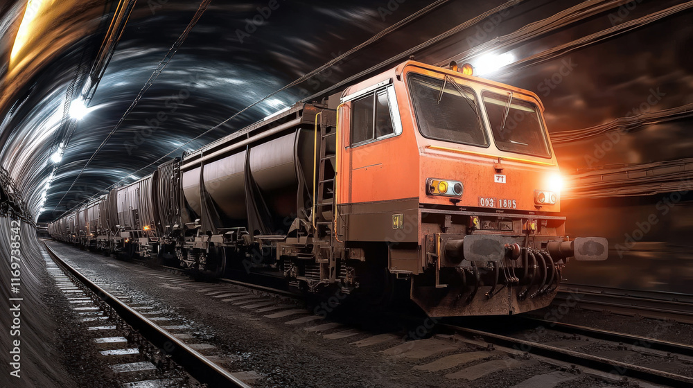 powerful orange train travels through dark tunnel, showcasing industrial strength and motion powerful orange train travels through dark tunnel, showcasing industrial strength and motion