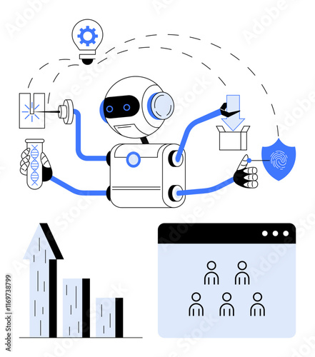 Robot with multiple arms managing charts, lightbulb, lab flask, fingerprint icon, box, and digital screens. Ideal for AI, automation, innovation data security productivity analytics futuristic