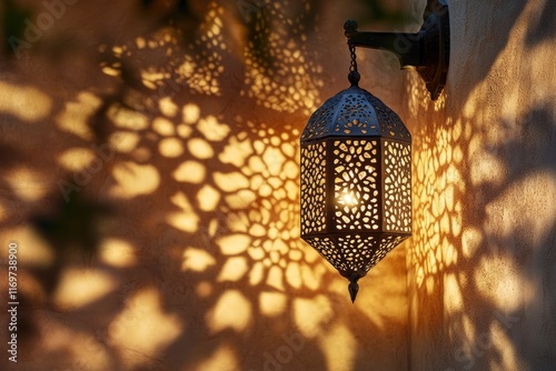 A traditional Arabic lantern with light glowing inside casting intricate shadows on the wall, symbolizing Ramadan and I Danielle celebration. The background is softly blurred to highlight the detailed photo