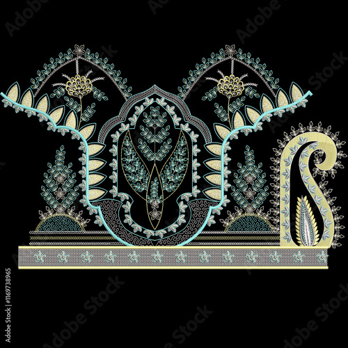 Indian traditional artwork lace border embroidery Daman design illustrated Multi ethnic flowers and leafs leaves with trendy embroidered ornaments and motifs Bunches