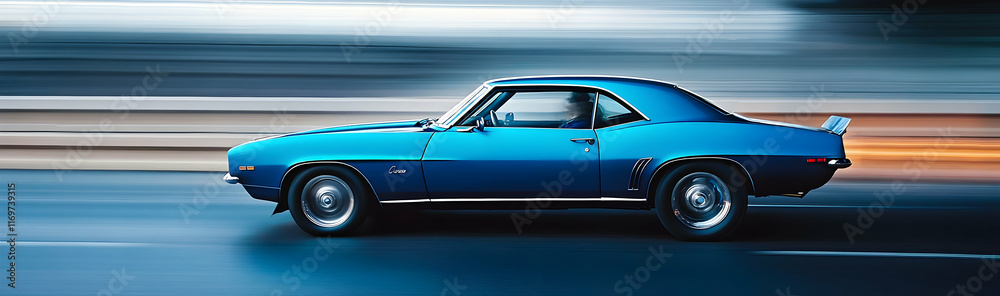 Sleek blue car speeding on a highway, capturing motion and adrenaline Sleek blue car speeding on a highway, capturing motion and adrenaline