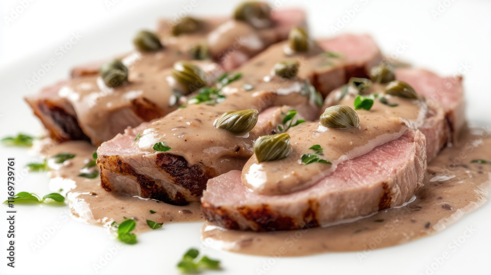 Delicious vitello tonnato with creamy sauce and capers close-up Delicious vitello tonnato with creamy sauce and capers close-up