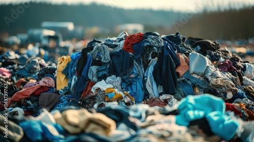 A large heap of worn, discarded clothing and textiles, highlighting issues related to fast fashion and the importance of clothing recycling. photo