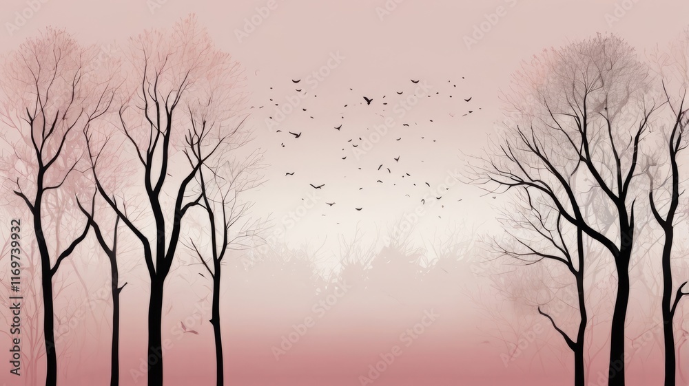 Silhouette of trees at sunset with birds flying. Silhouette of trees at sunset with birds flying.