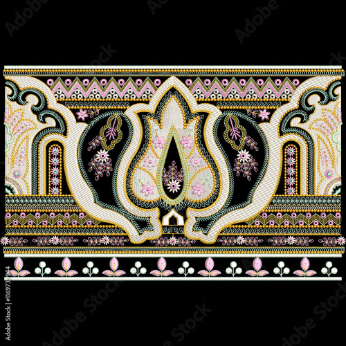 Indian mughal artwork embroidery daman border design for digital and textile print on fabric for trendy women wear illustration. photo