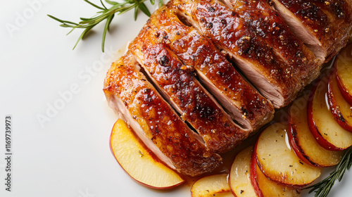 Gourmet roasted duck breast with crispy skin and apple garnish for culinary presentation photo