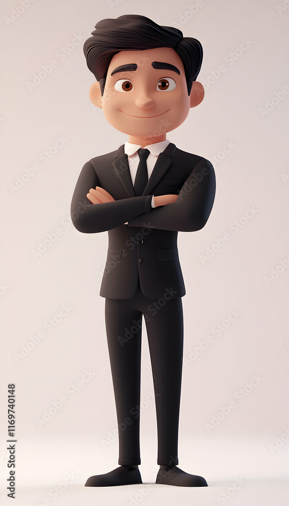 Smiling 3D cartoon businessman with arms crossed, confident and approachable Smiling 3D cartoon businessman with arms crossed, confident and approachable