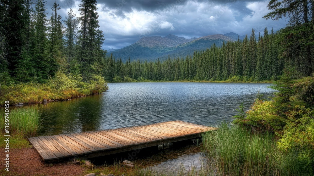 A wooden dock on the edge of Trillium Lake in British Columbia, Canada, with a forest and mountains in the background. A calm lake surrounded by pine trees under a cloudy sky. High-resolution A wooden dock on the edge of Trillium Lake in British Columbia, Canada, with a forest and mountains in the background. A calm lake surrounded by pine trees under a cloudy sky. High-resolution