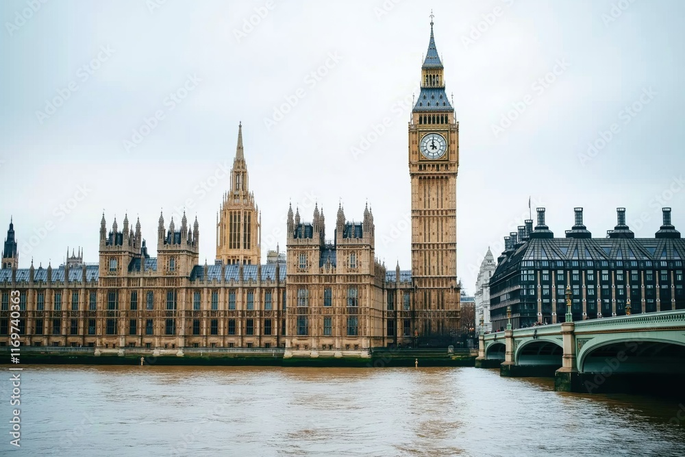 Fototapeta premium Winter night view of Westminster Palace and Big Ben illuminated over the Thames in London