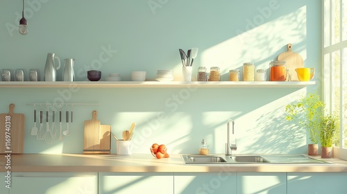 A light, airy home kitchen interior featuring a bar counter, sink, and shelves stocked with kitchenware.