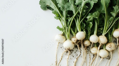 Freshly harvested turnips with green leaves on white background.