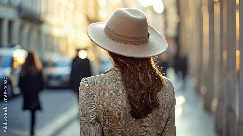 Obraz premium Stylish Woman in Beige Hat Walking Down a Sunlit City Street