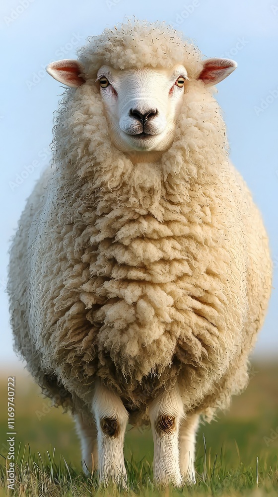 Close-Up of Fluffy White Sheep Standing on Green Grass Field Close-Up of Fluffy White Sheep Standing on Green Grass Field