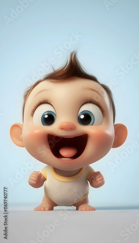Smiling baby character with joyful expression, 3D cartoon style
