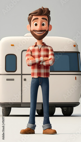Smiling camper in 3D cartoon style, relaxed and adventurous character