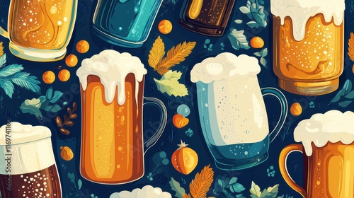 A lively beer festival poster featuring vibrant illustrations of beer mugs, frothy brews, and festive elements, perfect for promoting a drinks celebration. photo