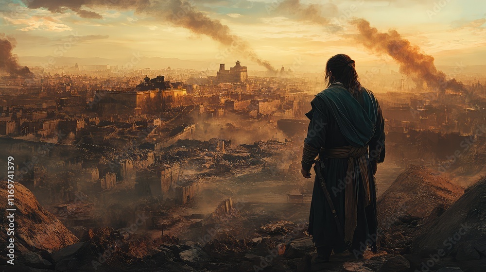 Epic Landscape of Dystopian Cityscape at Sunset with Warrior Figure Epic Landscape of Dystopian Cityscape at Sunset with Warrior Figure