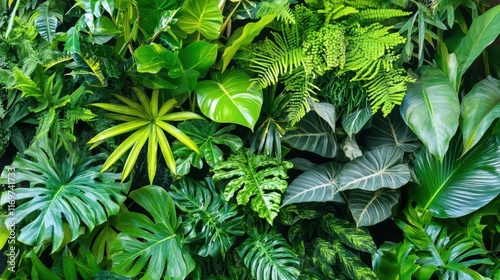 A lush vertical garden featuring a diverse array of tropical green plants, creating a vibrant and refreshing living wall background. photo