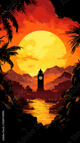 Captivating Sunset Landscape with Silhouette Clock Tower Against Vibrant Orange Sky and Mountains Reflected on Water Surrounded by Lush Green Foliage