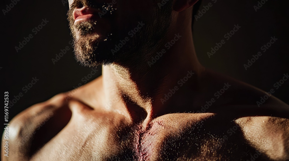 Naklejka premium Intense Close-Up of Male Chest Featuring Prominent Scars and Shadows
